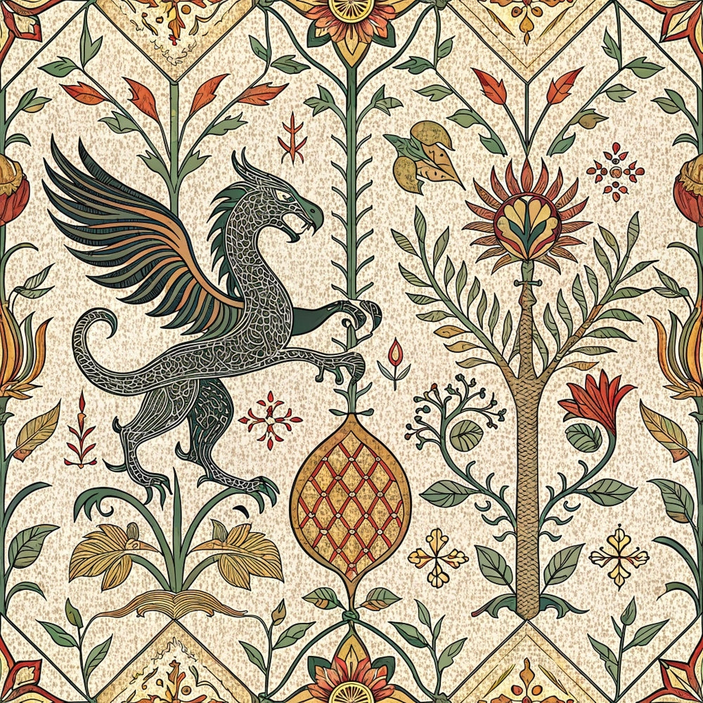 medieval tapestry,, fabric panel, mythical griffin, winged creature, ornate florals, geometric borders, earth tones, burgundy red, forest green, golden yellow, cream background, decorative motifs, botanical elements, heraldic design, renaissance style, intricate patterns, vintage inspired, ornamental birds, stylized flowers
