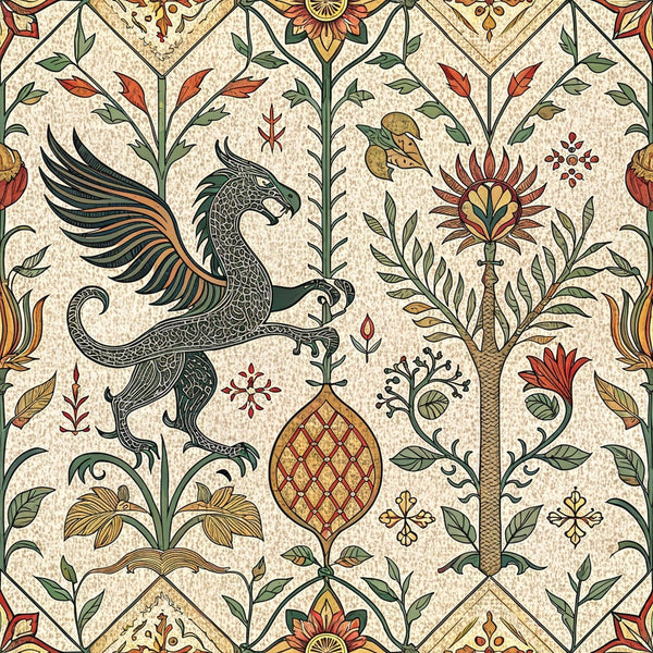 medieval tapestry,, fabric panel, mythical griffin, winged creature, ornate florals, geometric borders, earth tones, burgundy red, forest green, golden yellow, cream background, decorative motifs, botanical elements, heraldic design, renaissance style, intricate patterns, vintage inspired, ornamental birds, stylized flowers
