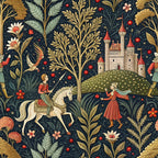 medieval tapestry,, fabric panel, dark navy background, golden yellow foliage, coral red accents, sage green leaves, castle towers, knight on horseback, maiden figure, fantasy birds, ornate florals, botanical motifs, red berries, whimsical illustrations, storybook style, fairy tale theme, decorative pattern, cotton fabric