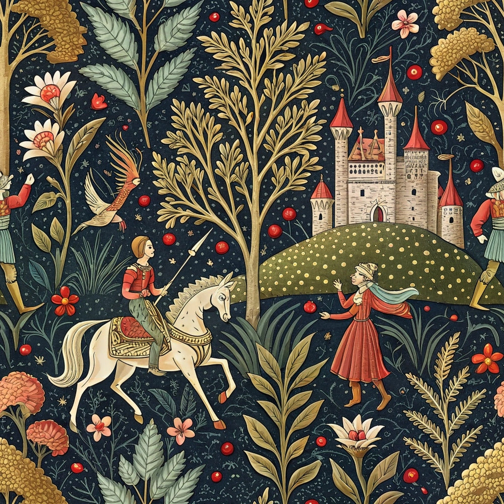 medieval tapestry,, fabric panel, dark navy background, golden yellow foliage, coral red accents, sage green leaves, castle towers, knight on horseback, maiden figure, fantasy birds, ornate florals, botanical motifs, red berries, whimsical illustrations, storybook style, fairy tale theme, decorative pattern, cotton fabric