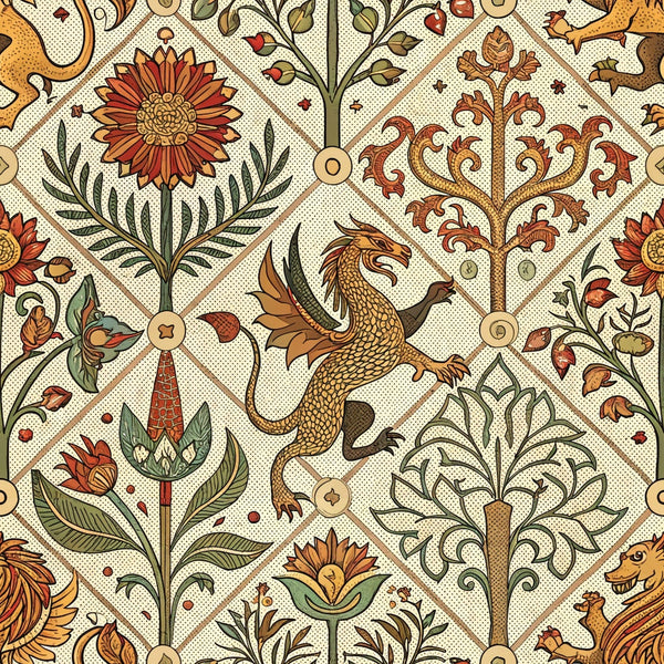 medieval tapestry,, fabric panel, dragon, mythical creature, floral motifs, botanical design, diamond pattern, rust orange, forest green, golden yellow, cream background, ornate scrollwork, decorative trees, fantasy elements, intricate detailing, renaissance style, heraldic motifs, nature imagery, repeating pattern