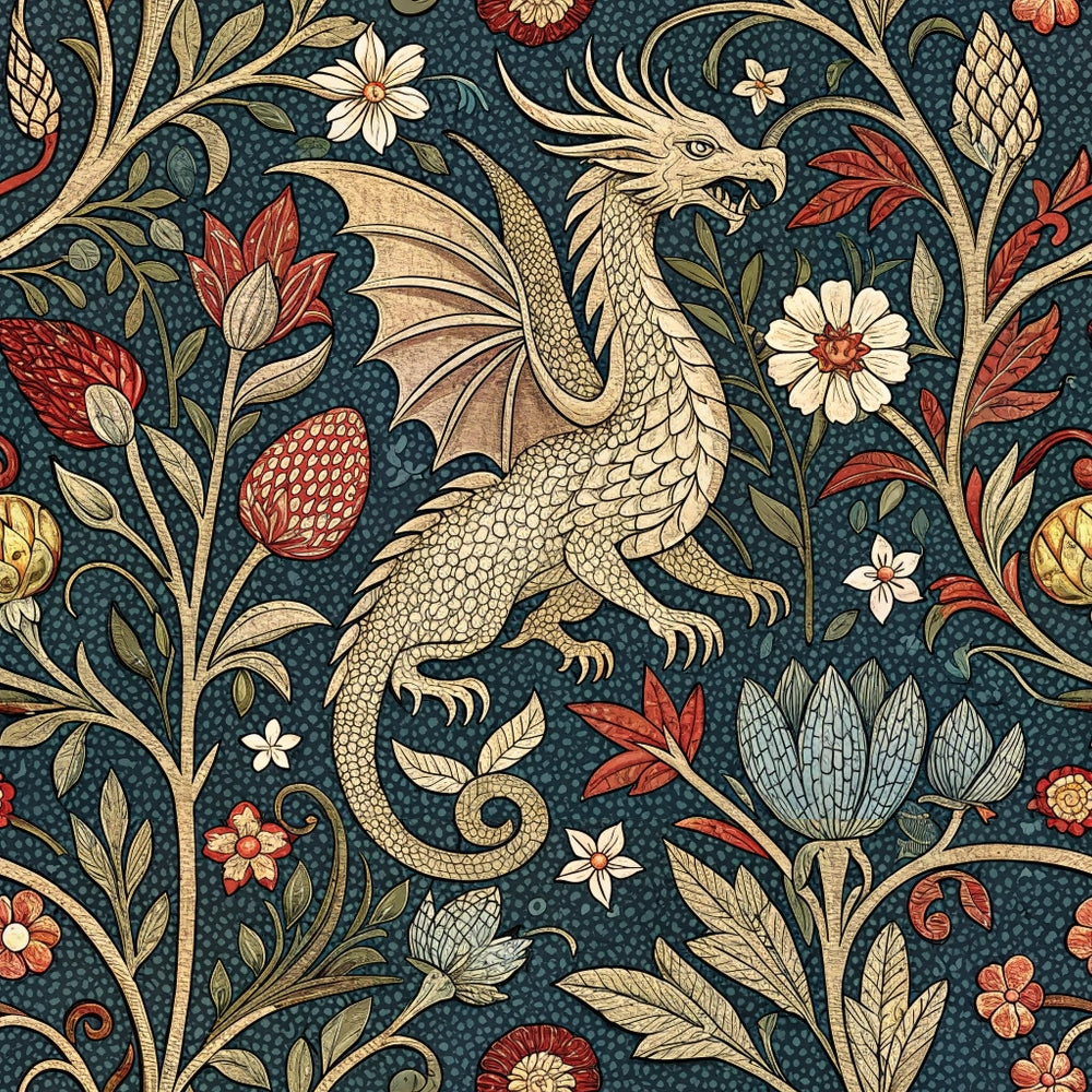 medieval tapestry, dragon, fantasy creature, floral motifs, botanical design, dark teal background, cream beige, coral red, gold accents, ornate pattern, mythical beast, decorative flowers, vintage style,, fabric panel, intricate details, renaissance inspired, ornamental design, repeating pattern, textile art