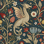 medieval tapestry, dragon, fantasy creature, floral motifs, botanical design, dark teal background, cream beige, coral red, gold accents, ornate pattern, mythical beast, decorative flowers, vintage style,, fabric panel, intricate details, renaissance inspired, ornamental design, repeating pattern, textile art