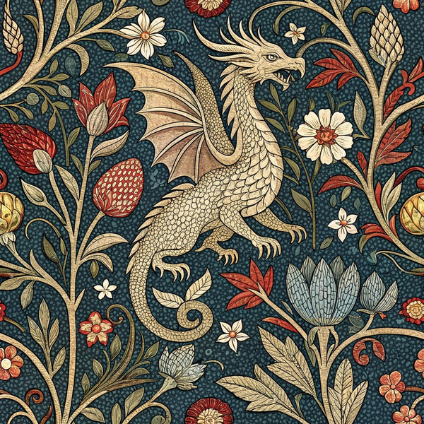 medieval tapestry, dragon, fantasy creature, floral motifs, botanical design, dark teal background, cream beige, coral red, gold accents, ornate pattern, mythical beast, decorative flowers, vintage style,, fabric panel, intricate details, renaissance inspired, ornamental design, repeating pattern, textile art