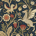 navy blue, cream, gold, red accents, medieval tapestry, mythical creatures, dragon, phoenix, floral motifs, ornate scrollwork, heraldic design, fantasy animals, decorative flowers, intricate vines,, fabric panel, gothic style, renaissance pattern, mythological beasts, botanical elements