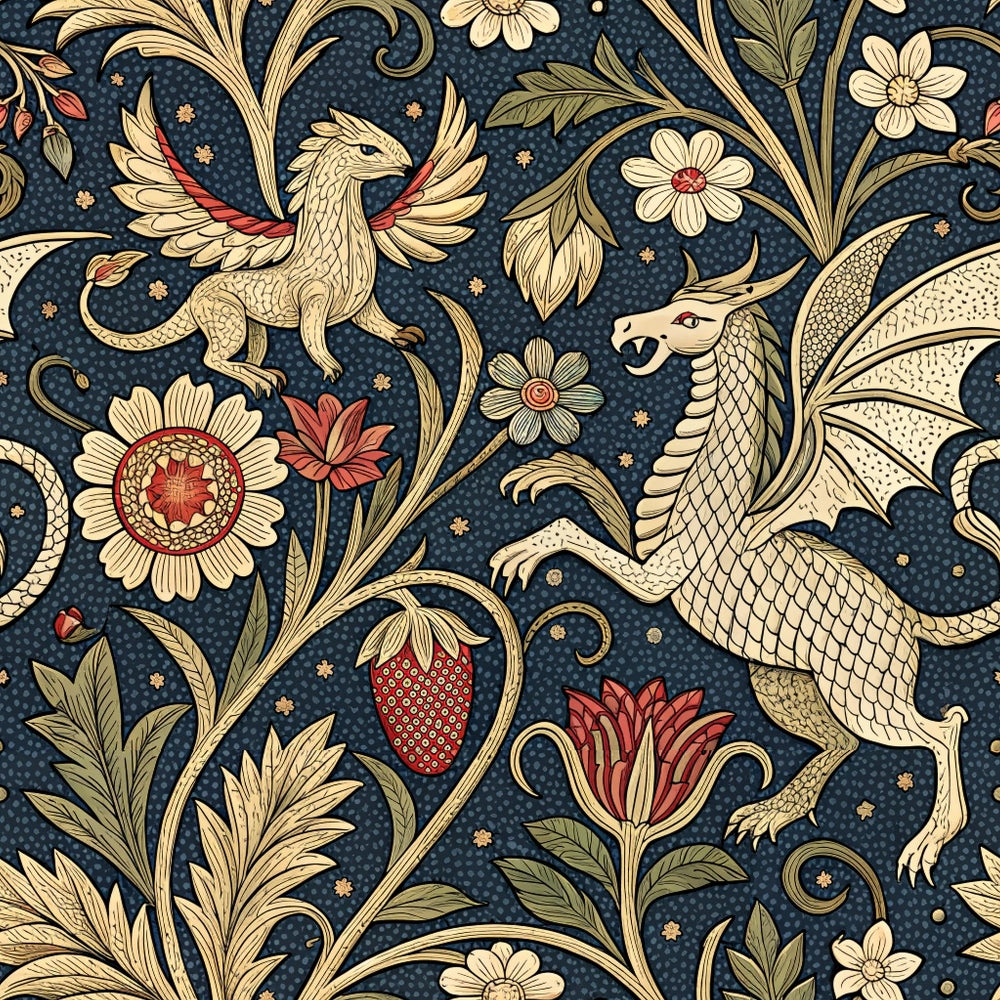 navy blue, cream, gold, red accents, medieval tapestry, mythical creatures, dragon, phoenix, floral motifs, ornate scrollwork, heraldic design, fantasy animals, decorative flowers, intricate vines,, fabric panel, gothic style, renaissance pattern, mythological beasts, botanical elements