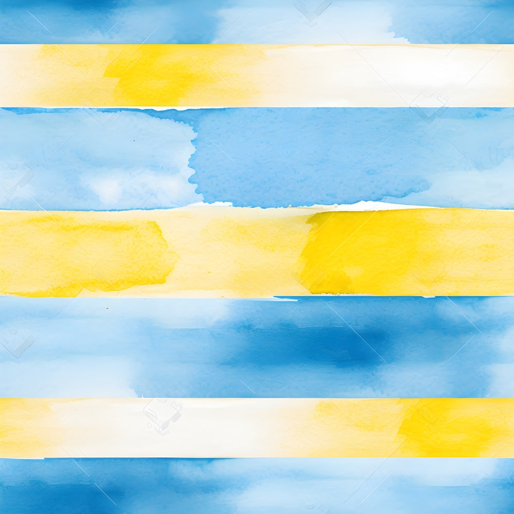 azure blue, lemon yellow, watercolor stripes, horizontal bands, mediterranean colors,, fabric panel, sunny disposition, coastal vibes, abstract watercolor, soft edges, summer palette, citrus tones, ocean blues, painterly style, flowing stripes, cheerful mood, artistic bands, watercolor texture, bright colors