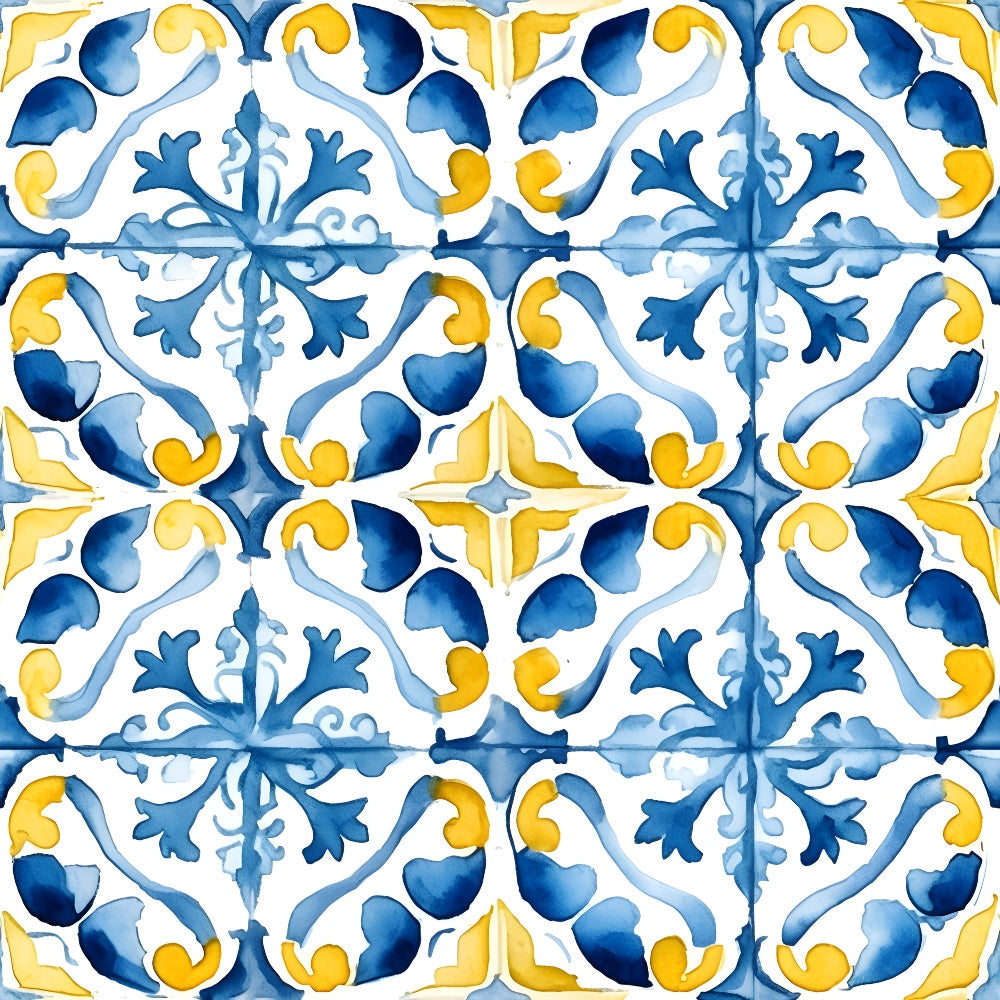 mediterranean tiles, azure blue, lemon yellow, watercolor style, ornate scrollwork, floral motifs, geometric pattern, repeating design, decorative flourishes, portuguese tiles, coastal theme, vintage inspired, botanical elements,, fabric panel, hand-painted look, flowing vines, symmetrical design, ceramic tile pattern, sunny palette