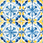 mediterranean tiles, azure blue, lemon yellow, watercolor style, ornate scrollwork, floral motifs, geometric pattern, repeating design, decorative flourishes, portuguese tiles, coastal theme, vintage inspired, botanical elements,, fabric panel, hand-painted look, flowing vines, symmetrical design, ceramic tile pattern, sunny palette