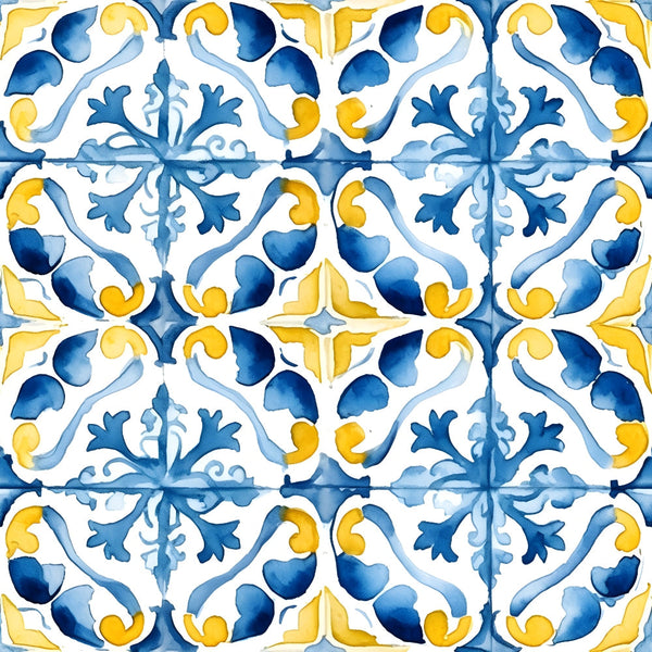 mediterranean tiles, azure blue, lemon yellow, watercolor style, ornate scrollwork, floral motifs, geometric pattern, repeating design, decorative flourishes, portuguese tiles, coastal theme, vintage inspired, botanical elements,, fabric panel, hand-painted look, flowing vines, symmetrical design, ceramic tile pattern, sunny palette