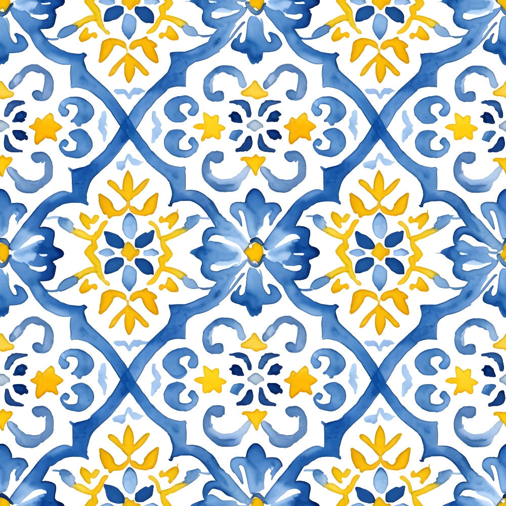 azure blue, golden yellow, white, mediterranean tiles, geometric pattern, floral motifs, ornamental design, decorative swirls, mosaic style, portuguese azulejo,, fabric panel, repeating pattern, botanical elements, star shapes, scalloped edges, watercolor effect, european inspired, seamless design, intricate details