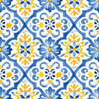 azure blue, golden yellow, white, mediterranean tiles, geometric pattern, floral motifs, ornamental design, decorative swirls, mosaic style, portuguese azulejo,, fabric panel, repeating pattern, botanical elements, star shapes, scalloped edges, watercolor effect, european inspired, seamless design, intricate details