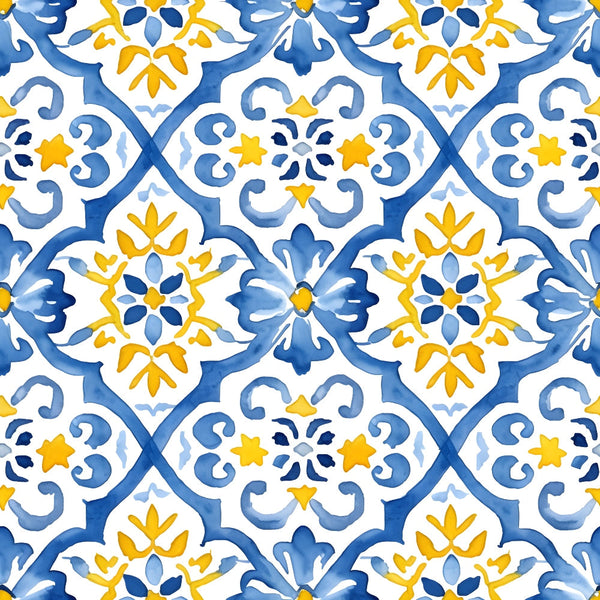 azure blue, golden yellow, white, mediterranean tiles, geometric pattern, floral motifs, ornamental design, decorative swirls, mosaic style, portuguese azulejo,, fabric panel, repeating pattern, botanical elements, star shapes, scalloped edges, watercolor effect, european inspired, seamless design, intricate details