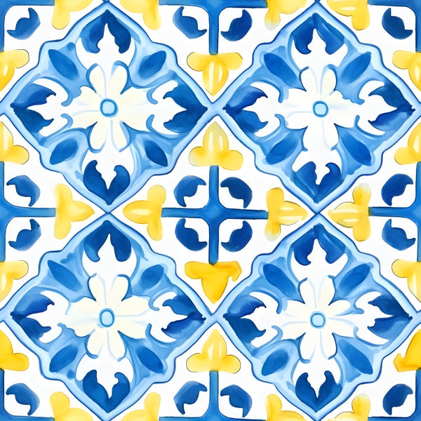 azure blue, lemon yellow, white, mediterranean tiles, geometric pattern, floral motifs, decorative tiles, portuguese azulejo, ornamental design, repeating pattern,, fabric panel, european inspired, coastal style, ceramic tile design, botanical elements, symmetrical pattern, bright colors, watercolor effect, contemporary style