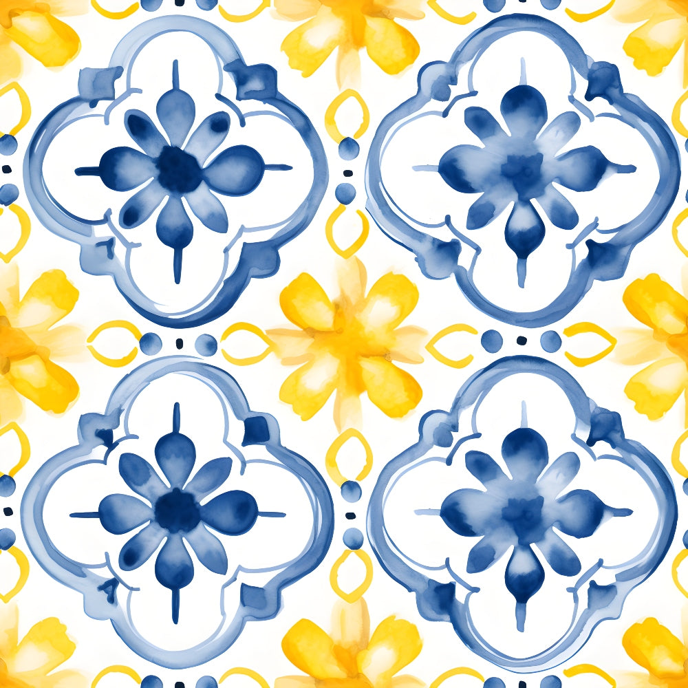 mediterranean, lemon yellow, azure blue, quatrefoil pattern, floral motifs, watercolor style, decorative tiles, geometric flowers, soft pastels, repeating design,, fabric panel, european inspired, ornamental, hand painted effect, ceramic tile look, botanical elements, artistic florals, blue and yellow