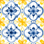 mediterranean, lemon yellow, azure blue, quatrefoil pattern, floral motifs, watercolor style, decorative tiles, geometric flowers, soft pastels, repeating design,, fabric panel, european inspired, ornamental, hand painted effect, ceramic tile look, botanical elements, artistic florals, blue and yellow