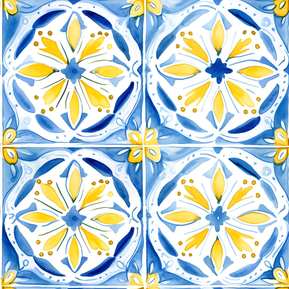 mediterranean tiles, azure blue, lemon yellow, white background, floral motifs, geometric pattern, decorative circles, ornamental design,, fabric panel, watercolor style, botanical elements, repeating pattern, ceramic tile inspired, coastal theme, european style, artistic florals, bright colors, summer vibes, crafting material