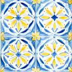 mediterranean tiles, azure blue, lemon yellow, white background, floral motifs, geometric pattern, decorative circles, ornamental design,, fabric panel, watercolor style, botanical elements, repeating pattern, ceramic tile inspired, coastal theme, european style, artistic florals, bright colors, summer vibes, crafting material
