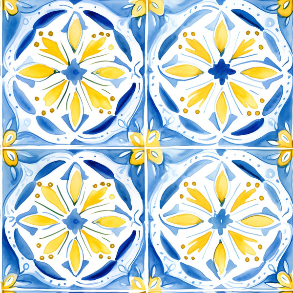 mediterranean tiles, azure blue, lemon yellow, white background, floral motifs, geometric pattern, decorative circles, ornamental design,, fabric panel, watercolor style, botanical elements, repeating pattern, ceramic tile inspired, coastal theme, european style, artistic florals, bright colors, summer vibes, crafting material
