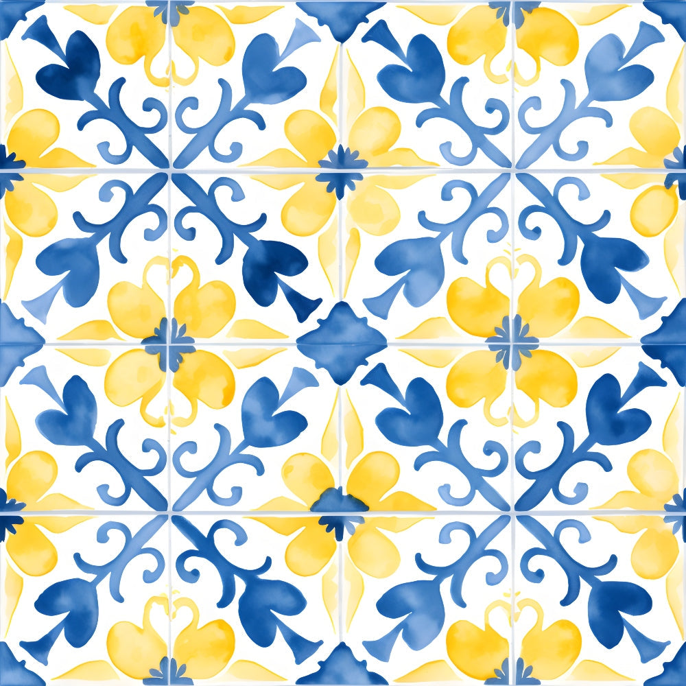 mediterranean tile, azure blue, lemon yellow, geometric pattern, floral motifs, ornamental design, portuguese tiles, decorative scrollwork, symmetrical pattern, watercolor style, bright colors,, fabric panel, european inspired, ceramic tile pattern, folk art, repeating motif, botanical elements, sunny disposition, coastal theme
