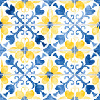 mediterranean tile, azure blue, lemon yellow, geometric pattern, floral motifs, ornamental design, portuguese tiles, decorative scrollwork, symmetrical pattern, watercolor style, bright colors,, fabric panel, european inspired, ceramic tile pattern, folk art, repeating motif, botanical elements, sunny disposition, coastal theme