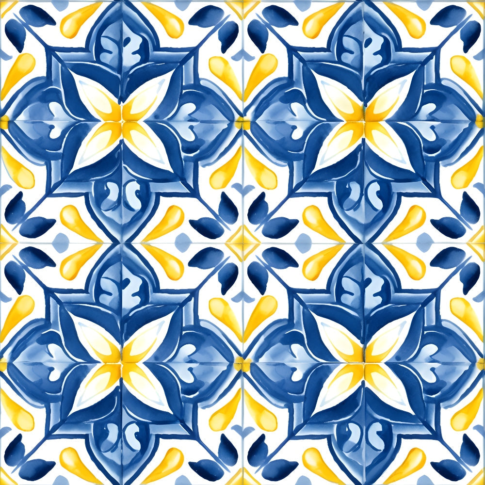 azure blue, golden yellow, white, mediterranean tiles, geometric pattern, floral motifs, star shapes, decorative elements, ornamental design, repeating pattern,, fabric panel, portuguese tiles, ceramic inspired, botanical details, symmetrical design, vibrant colors, craft fabric, sewing material, decorative pattern