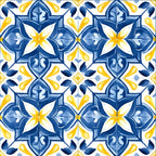 azure blue, golden yellow, white, mediterranean tiles, geometric pattern, floral motifs, star shapes, decorative elements, ornamental design, repeating pattern,, fabric panel, portuguese tiles, ceramic inspired, botanical details, symmetrical design, vibrant colors, craft fabric, sewing material, decorative pattern