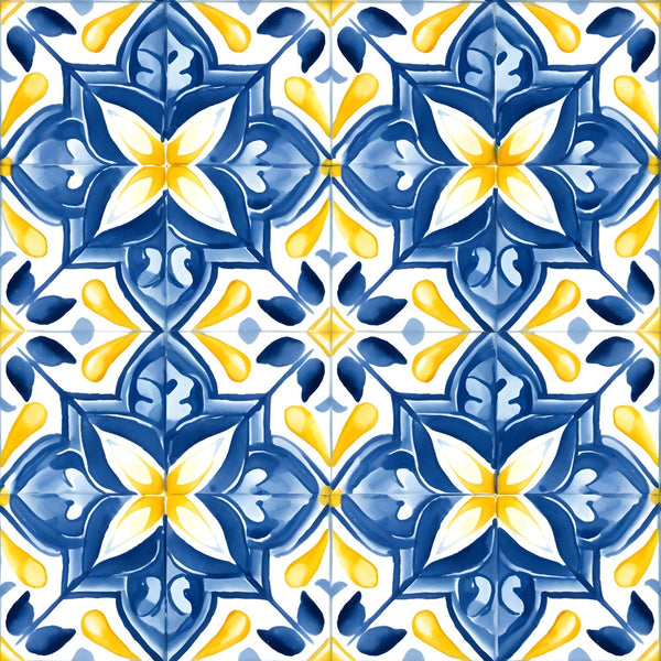 azure blue, golden yellow, white, mediterranean tiles, geometric pattern, floral motifs, star shapes, decorative elements, ornamental design, repeating pattern,, fabric panel, portuguese tiles, ceramic inspired, botanical details, symmetrical design, vibrant colors, craft fabric, sewing material, decorative pattern