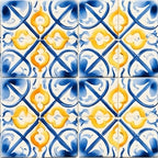 mediterranean tiles, azure blue, lemon yellow, quatrefoil motifs, geometric patterns, ornamental design, decorative scrollwork, portuguese tiles, ceramic inspired, repeating pattern,, fabric panel, moorish influence, floral medallions, stylized florals, vintage european, hand-painted look, artisan tiles, cobalt blue, golden yellow