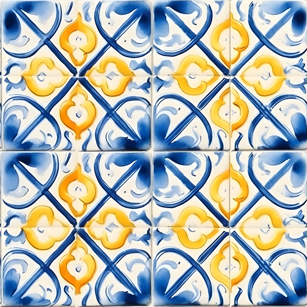 mediterranean tiles, azure blue, lemon yellow, quatrefoil motifs, geometric patterns, ornamental design, decorative scrollwork, portuguese tiles, ceramic inspired, repeating pattern,, fabric panel, moorish influence, floral medallions, stylized florals, vintage european, hand-painted look, artisan tiles, cobalt blue, golden yellow