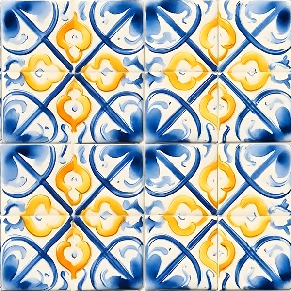 mediterranean tiles, azure blue, lemon yellow, quatrefoil motifs, geometric patterns, ornamental design, decorative scrollwork, portuguese tiles, ceramic inspired, repeating pattern,, fabric panel, moorish influence, floral medallions, stylized florals, vintage european, hand-painted look, artisan tiles, cobalt blue, golden yellow
