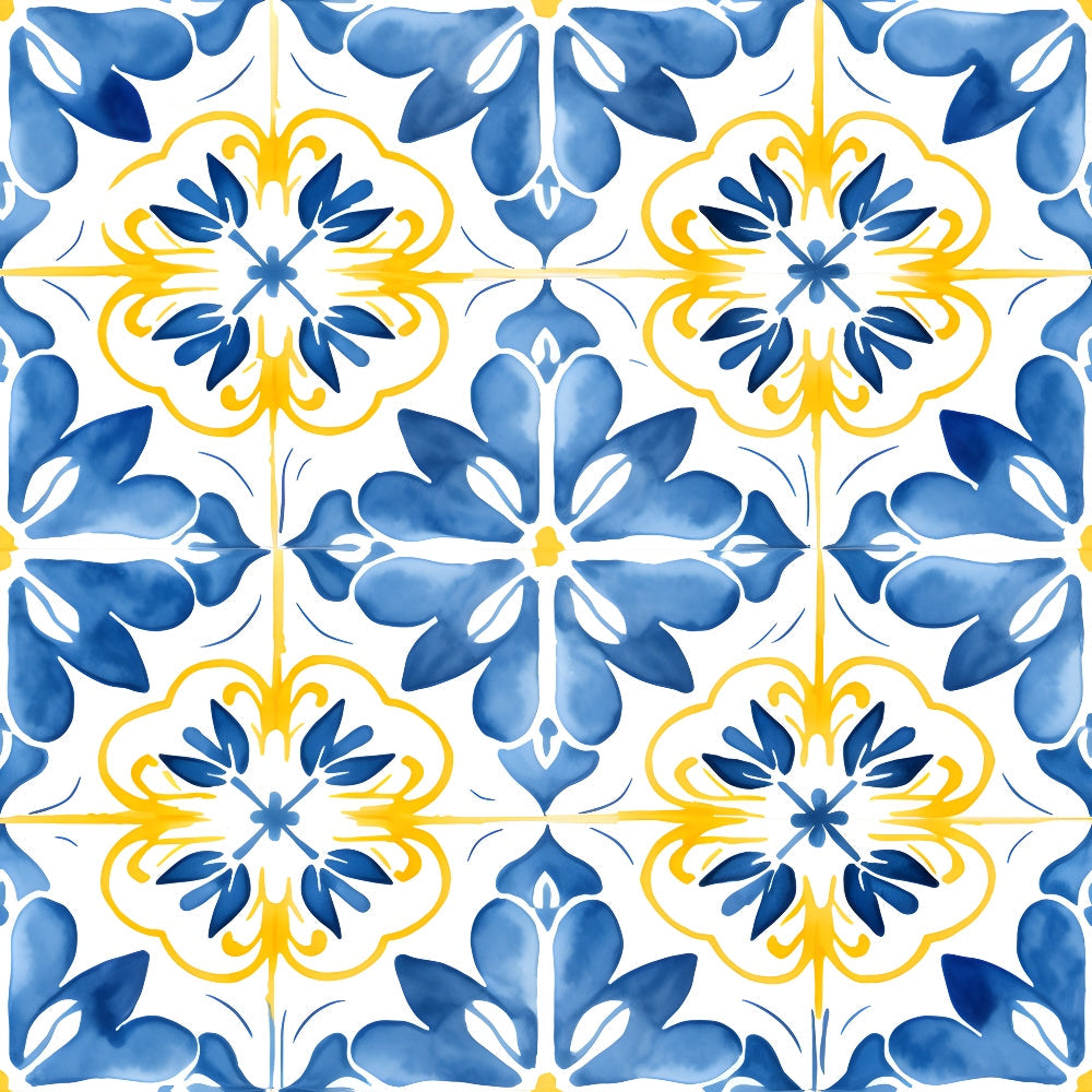 azure blue, lemon yellow, white, mediterranean tiles, floral motifs, geometric pattern, repeating design, ornamental flowers, decorative elements,, fabric panel, botanical pattern, tile-inspired, symmetrical design, watercolor style, soft pastels, european influence, mosaic pattern, delicate florals, seamless repeat