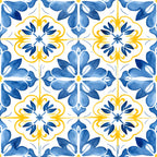 azure blue, lemon yellow, white, mediterranean tiles, floral motifs, geometric pattern, repeating design, ornamental flowers, decorative elements,, fabric panel, botanical pattern, tile-inspired, symmetrical design, watercolor style, soft pastels, european influence, mosaic pattern, delicate florals, seamless repeat