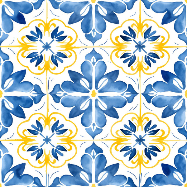 azure blue, lemon yellow, white, mediterranean tiles, floral motifs, geometric pattern, repeating design, ornamental flowers, decorative elements,, fabric panel, botanical pattern, tile-inspired, symmetrical design, watercolor style, soft pastels, european influence, mosaic pattern, delicate florals, seamless repeat