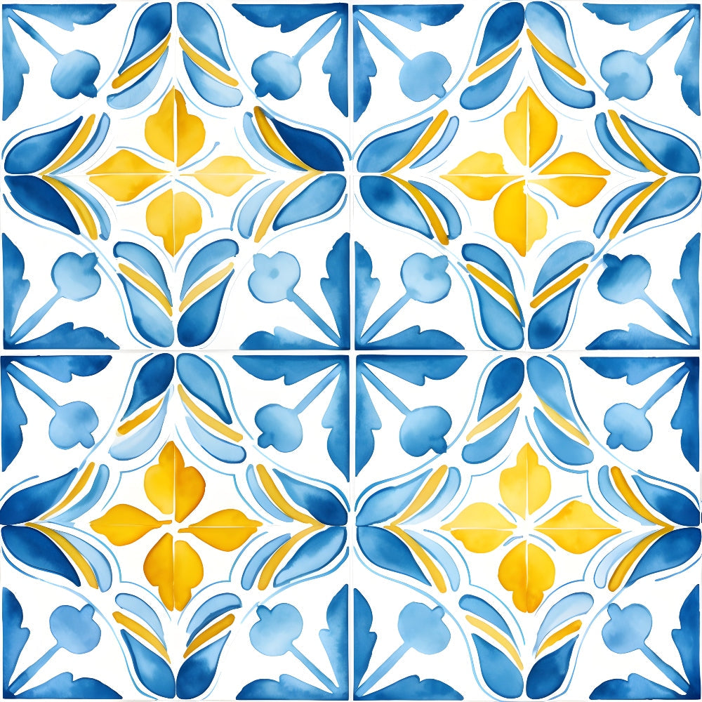 azure blue, lemon yellow, white background, mediterranean tiles, geometric florals, quatrefoil motifs, ornamental pattern, decorative scrolls, botanical elements, ceramic tile design, portuguese azulejo, watercolor style, repeating motifs,, fabric panel, summer vibes, coastal theme, artistic flourishes, symmetrical design