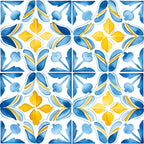 azure blue, lemon yellow, white background, mediterranean tiles, geometric florals, quatrefoil motifs, ornamental pattern, decorative scrolls, botanical elements, ceramic tile design, portuguese azulejo, watercolor style, repeating motifs,, fabric panel, summer vibes, coastal theme, artistic flourishes, symmetrical design