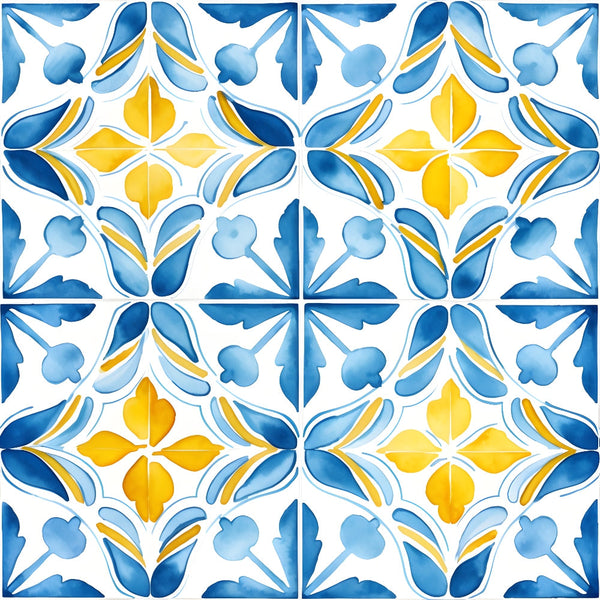 azure blue, lemon yellow, white background, mediterranean tiles, geometric florals, quatrefoil motifs, ornamental pattern, decorative scrolls, botanical elements, ceramic tile design, portuguese azulejo, watercolor style, repeating motifs,, fabric panel, summer vibes, coastal theme, artistic flourishes, symmetrical design