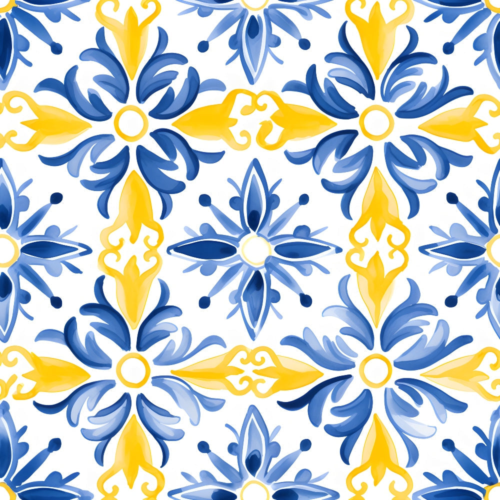 azure blue, lemon yellow, white background, mediterranean tile, floral motifs, geometric pattern, ornamental design, repeating pattern, decorative flourishes, botanical elements, tile inspired, european style, coastal theme,, fabric panel, intricate details, symmetrical design, scrollwork, damask style, vibrant colors