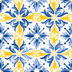 azure blue, lemon yellow, white background, mediterranean tile, floral motifs, geometric pattern, ornamental design, repeating pattern, decorative flourishes, botanical elements, tile inspired, european style, coastal theme,, fabric panel, intricate details, symmetrical design, scrollwork, damask style, vibrant colors