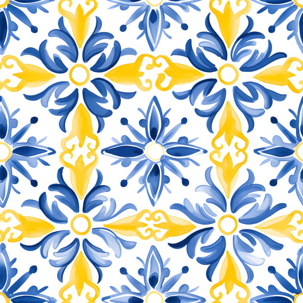 azure blue, lemon yellow, white background, mediterranean tile, floral motifs, geometric pattern, ornamental design, repeating pattern, decorative flourishes, botanical elements, tile inspired, european style, coastal theme,, fabric panel, intricate details, symmetrical design, scrollwork, damask style, vibrant colors