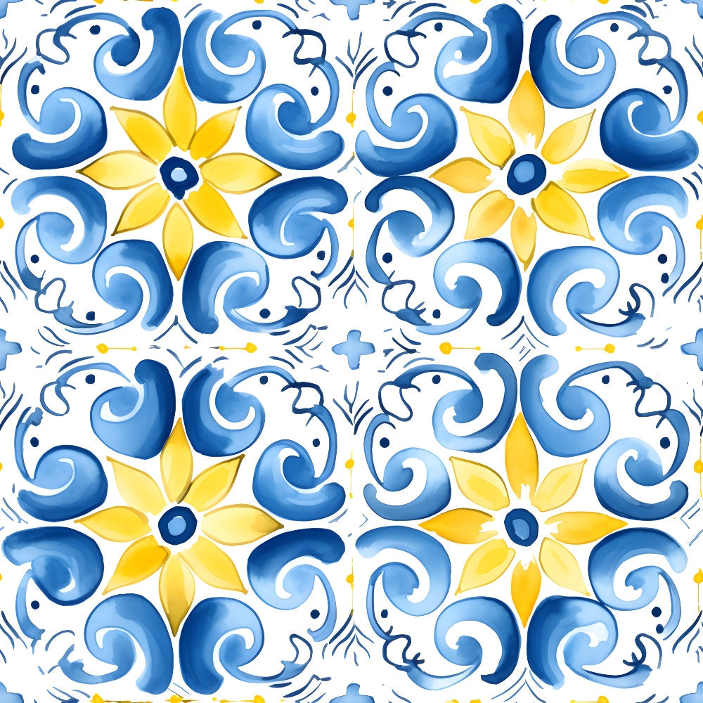 azure blue, lemon yellow, white background, mediterranean tiles, floral motifs, scrollwork patterns, ornamental design, geometric flowers, swirls, decorative flourishes,, fabric panel, portuguese azulejo, ceramic tile inspired, repetitive pattern, botanical elements, european style, folk art, hand-painted look