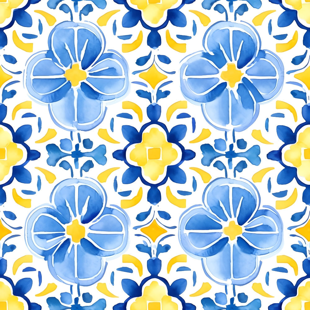 azure blue, lemon yellow, white background, floral motifs, geometric pattern, quatrefoil flowers, mediterranean tiles, decorative scrollwork, watercolor style, repeating design, ornamental flourishes, spanish influence, ceramic tile pattern,, fabric panel, bright colors, symmetrical layout, botanical elements, european styling, mosaic design