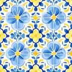 azure blue, lemon yellow, white background, floral motifs, geometric pattern, quatrefoil flowers, mediterranean tiles, decorative scrollwork, watercolor style, repeating design, ornamental flourishes, spanish influence, ceramic tile pattern,, fabric panel, bright colors, symmetrical layout, botanical elements, european styling, mosaic design