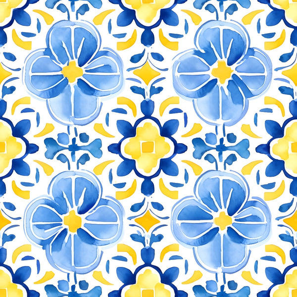 azure blue, lemon yellow, white background, floral motifs, geometric pattern, quatrefoil flowers, mediterranean tiles, decorative scrollwork, watercolor style, repeating design, ornamental flourishes, spanish influence, ceramic tile pattern,, fabric panel, bright colors, symmetrical layout, botanical elements, european styling, mosaic design