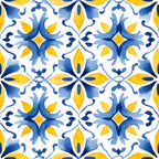 azure blue, lemon yellow, white, mediterranean tiles, geometric pattern, floral motifs, ornate design, symmetrical, decorative elements,, fabric panel, moroccan inspired, arabesque, intricate details, watercolor style, coastal theme, sunny, vibrant colors, repeating pattern