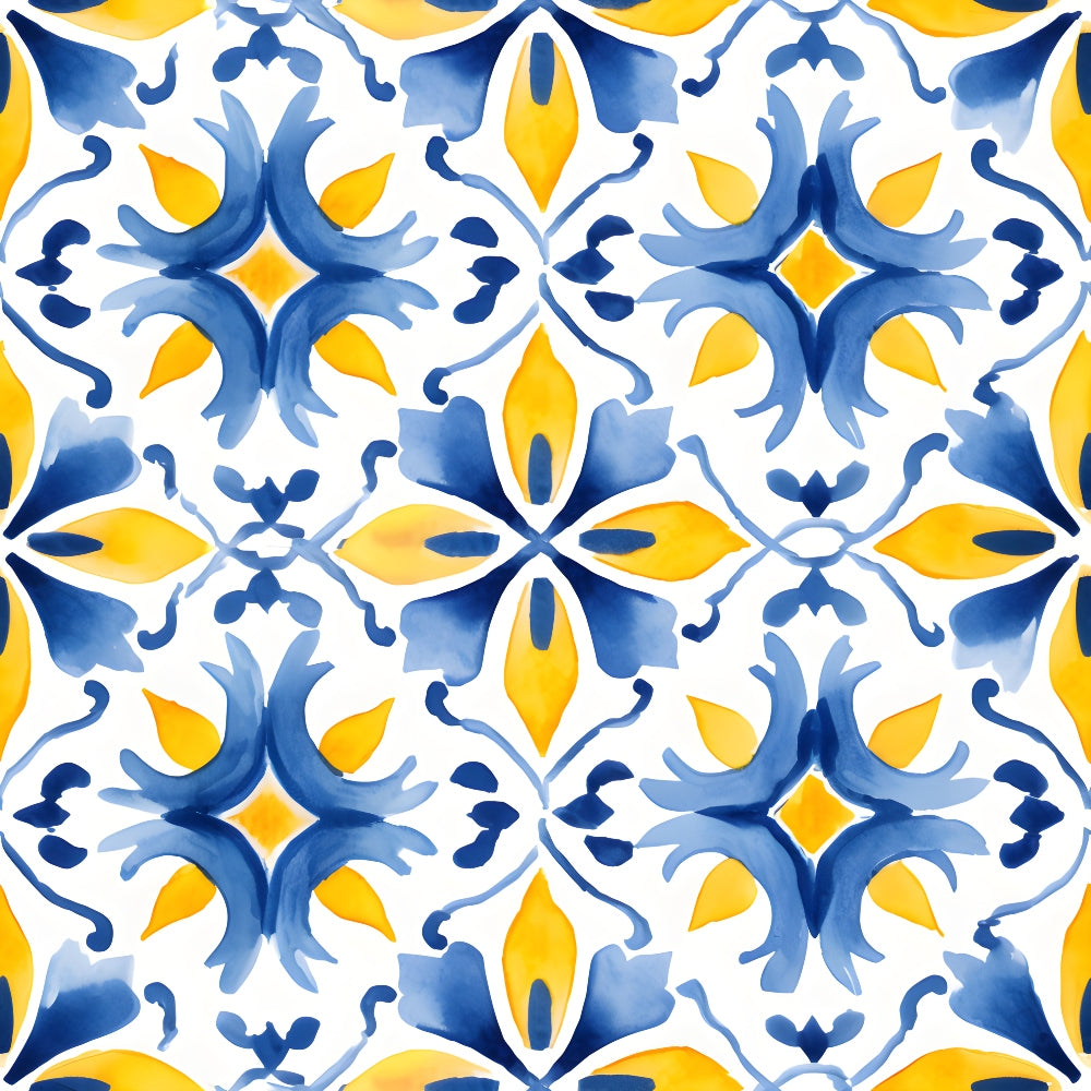 azure blue, lemon yellow, white, mediterranean tiles, geometric pattern, floral motifs, ornate design, symmetrical, decorative elements,, fabric panel, moroccan inspired, arabesque, intricate details, watercolor style, coastal theme, sunny, vibrant colors, repeating pattern