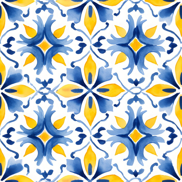 azure blue, lemon yellow, white, mediterranean tiles, geometric pattern, floral motifs, ornate design, symmetrical, decorative elements,, fabric panel, moroccan inspired, arabesque, intricate details, watercolor style, coastal theme, sunny, vibrant colors, repeating pattern
