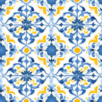 azure blue, lemon yellow, white, mediterranean tiles, geometric pattern, floral motifs, ornate scrollwork, decorative elements,, fabric panel, watercolor style, european inspired, ceramic tile design, repeating pattern, botanical flourishes, artistic swirls, coastal theme, bright colors, intricate details, seamless repeat