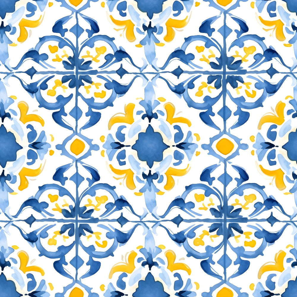 azure blue, lemon yellow, white, mediterranean tiles, geometric pattern, floral motifs, ornate scrollwork, decorative elements,, fabric panel, watercolor style, european inspired, ceramic tile design, repeating pattern, botanical flourishes, artistic swirls, coastal theme, bright colors, intricate details, seamless repeat