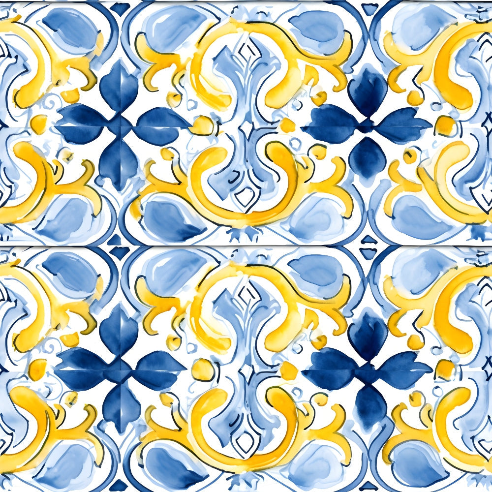 mediterranean tilework, azure blue, lemon yellow, floral motifs, geometric patterns, decorative tiles, ornate design, botanical elements, flowing scrollwork, italian ceramics, majolica style, repeating pattern,, fabric panel, artisanal design, european influence, decorative arts, ornamental flourishes, ceramic inspired